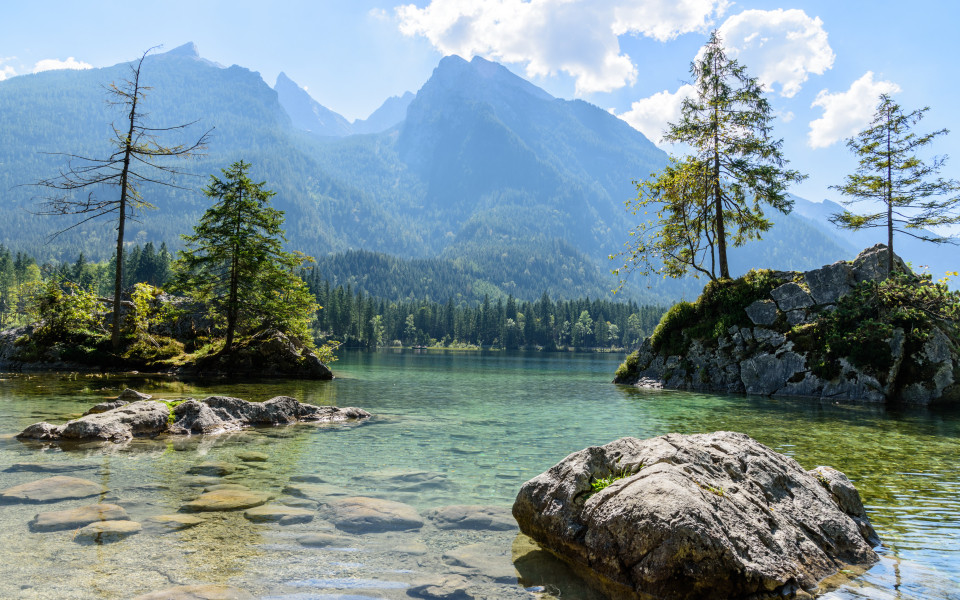Felsen und Bäume im klaren Wasser des Hintersees vor dem Watzmann-Massiv im Berchtesgadener Land.